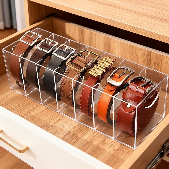Belt Organizer, Acrylic Belt Racks, 7 Compartments Belt Container Storage Holder, Clear Belt Display Case for Closet Tie and Bow Tie