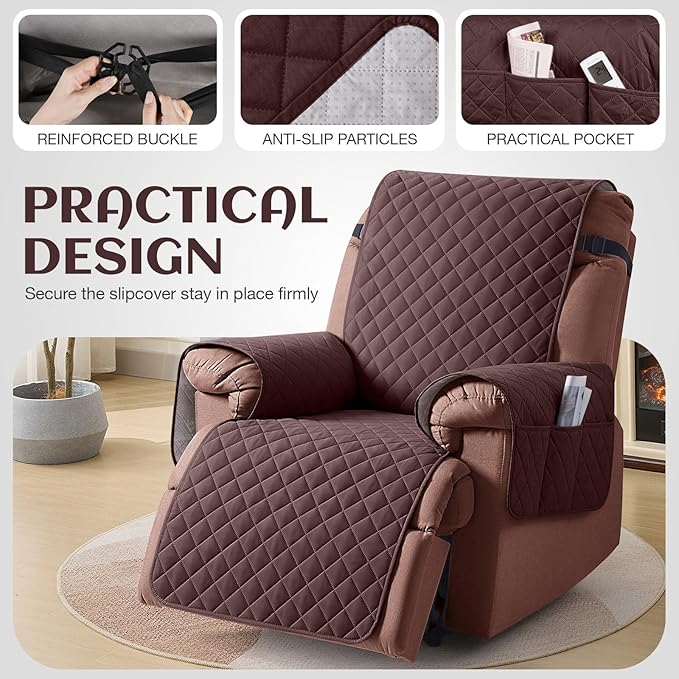 KinCam 100% Waterproof Recliner Chair Cover, Reclining Couch Covers for Pets, Dogs, Recliner Couch Slipcover Furniture Protector with Elastic Straps for Kids(30", Coffee)
