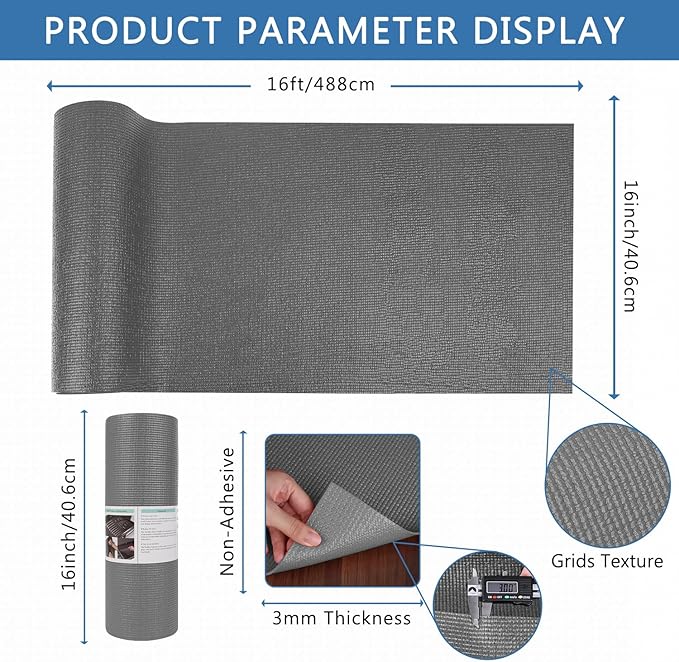Foam Toolbox Liner Drawer Mat 1/8 Inch Thick X 16 Inch Wide X 16 Ft Long Gray, No Slip for Protecting Cabinet, Garage, Cart, Tool Box