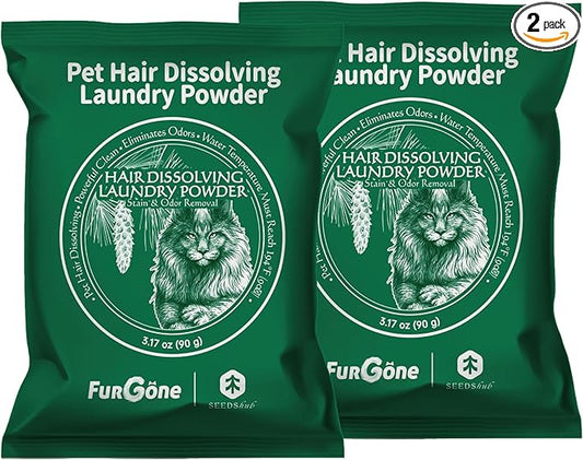 FurGone by Seedshub 2 Sachets Pet Hair Odor & Stain Remover for Laundry, 96.7% Hair Dissolution, Based Powder Detergent for Clothes, Bedding, Effective Dog & Cat Hair Remover, Septic Safe