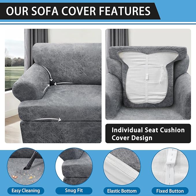 2-Pieces T Cushion Armchair Slipcovers Leather Look Couch Cover Chair Covers Stretch Furniture Protector Sofa Cover with 1 Individual T Cushion Seat Cover Slipcover Sets Washable, Light Grey
