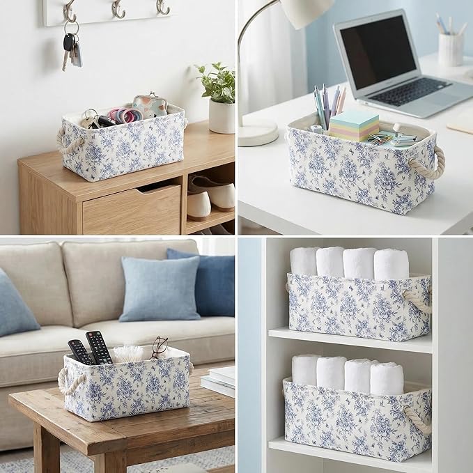 3PC Floral Narrow Storage Bins 15x6x5 inch Blue Flower Small Basket for Closet,Cabinet,Countertop Organizing Small Items Fabric Organizer with Handles, Toilet Paper Storage (Blue flower)