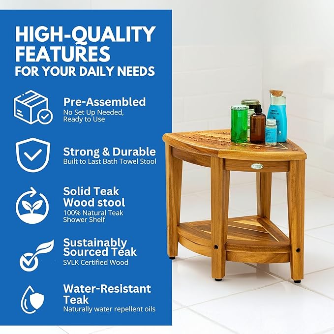 EcoDecors Fully Assembled SnazzyCorner® 18" Teak Shower Bench, Corner Shower Stool, w Shelf in Earthy Teak Finish, Compact Fit for Small Bathrooms & Walk-in Showers – Slip-Resistant Feet