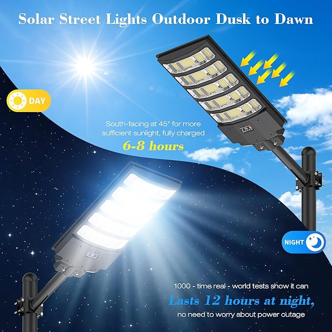 Solar Street Light Outdoor, 10000W Solar Lights Outdoor Waterproof with Motion Sensor, IP66 Solar Security Flood Lights for Yard, Pathway, Parking Lot - 350° Wide Angle & Remote Control Included