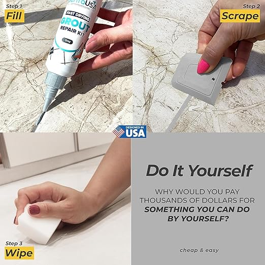 PentaUSA Tile Grout Repair Kit - Premixed Acrylic Sanded Grout for Bathroom,Shower&Kitchen, Repairs, Renews & Restores, Waterproof Formula, Gray, (8.8oz / 250gr)