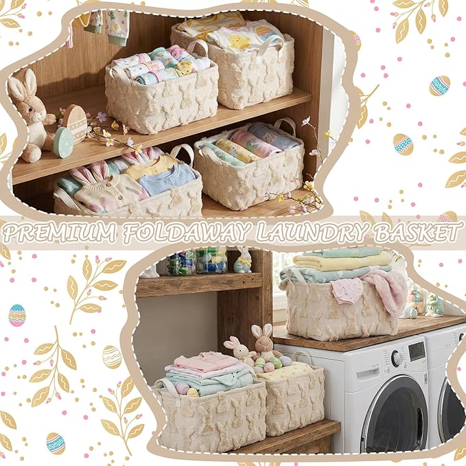 Kathfly Beige Rabbit Storage Baskets Easter Bunny Laundry Basket Plush Faux Fur Jacquard Design with Handles Waterproof Storage Bins Fabric Shelf Baskets for Easter Party Decorations
