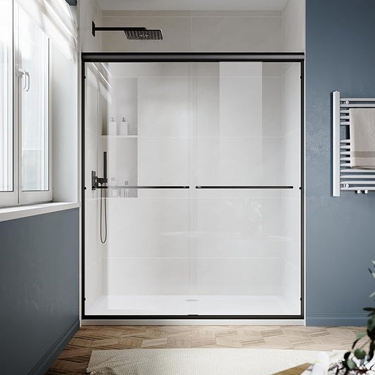 SUNNY SHOWER Double Sliding Glass Door 54" W x 72" H Shower Door 1/4" Tempered Glass Sliding Door Semi-Frameless Shower Glass Enclosure Bypass Walk in Shower Cabin, Matte Black