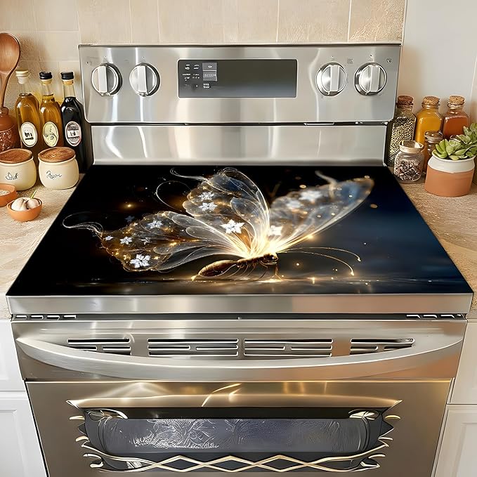 Stove Top Covers for Electric Stove, Waterproof Cooktop Guard, Wipe-Clean Range Shield, Reusable Countertop Pad, 28.3 x 20.5 Inches, Gold Butterfly Kitchen Decor（Smart butterfly）