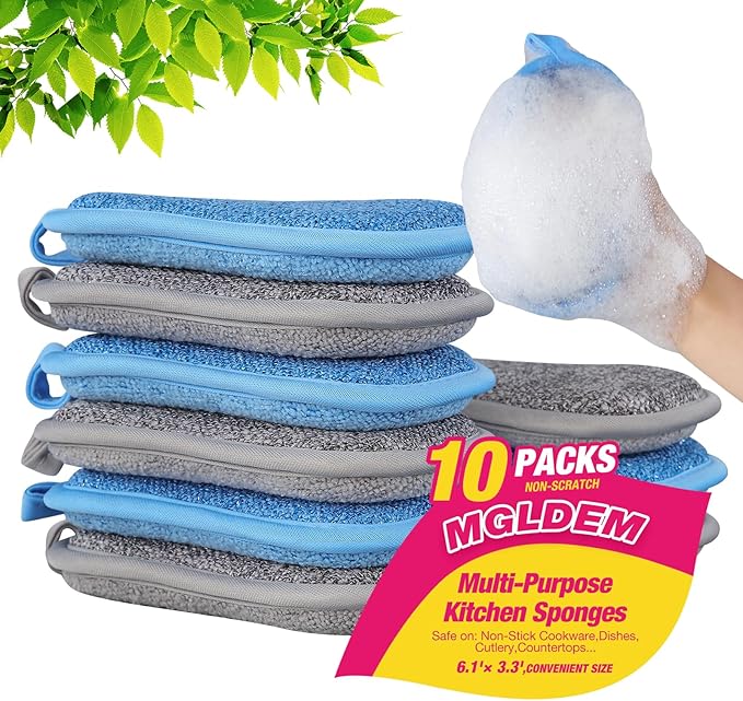 Dish Sponge Kitchen Sponges Multipurpose Cleaning Sponge All-Purpose Sponges Non Scratch Kitchen Sponge Cleaning Mat Used for Cleaning Non Stick Cookware,Kitchen Pans MGLDEM (Blue,Gray-10 Packs)
