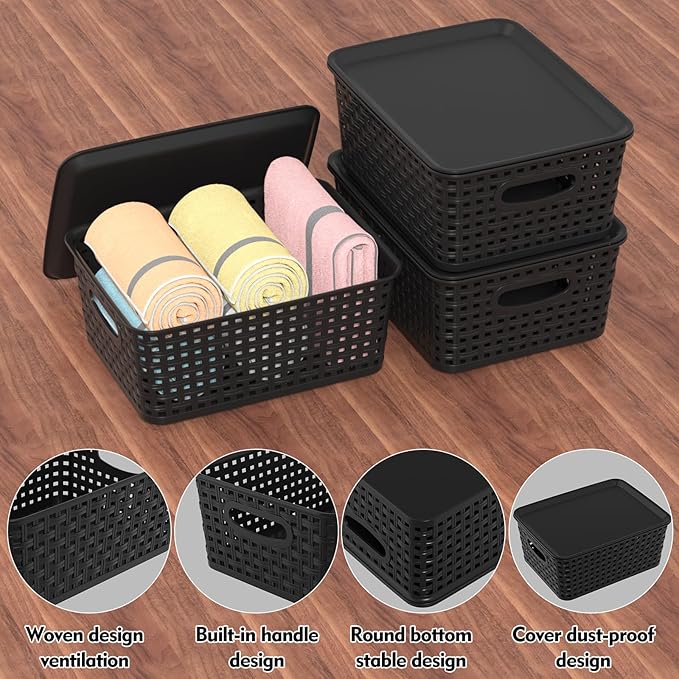 Plastic Weave Storage Bins with Lids, Plastic Organizing Baskets with Lid, Black, 6 Packs