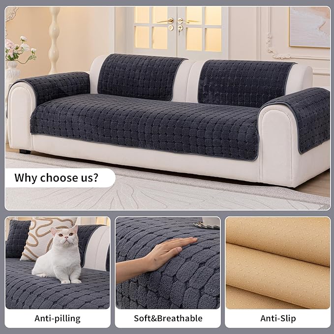 Velvet Sofa Covers Washable, Plush Warm Couch Cover for Loveseat, Funny Fuzzy Couch Covers for Pets&Kids, Non-Slip Sectional Sofa Cover(1PC, Dark Grey, 35.4"×63", Loveseat)