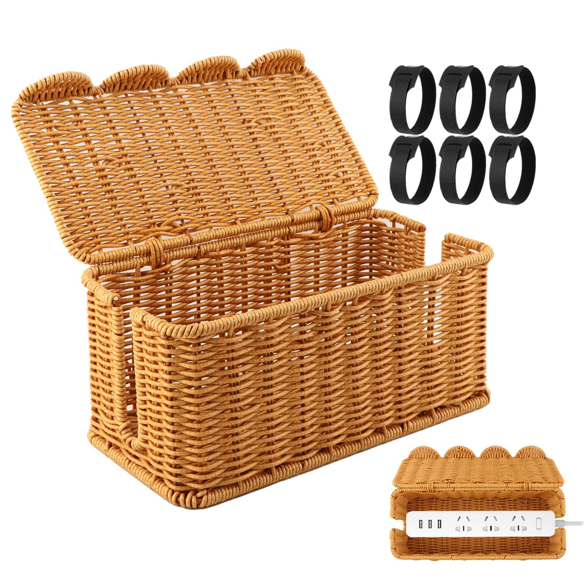 Cable Management Box, Handmade Scalloped Rattan Cable Organizer - Image 1