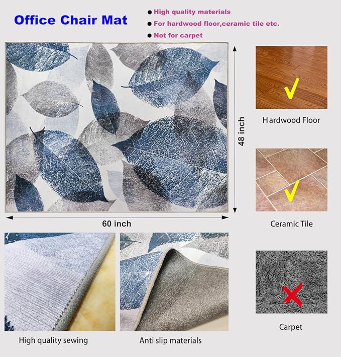 Office Chair Mat for Hardwood Floor & Low-Pile Carpet,60“*48”Highly Premium Quality Under Desk Mat, Desk Chair Mat for Carpet - 3.86lbs Anti-Slip Carpet Chair Mats Blue Leaf