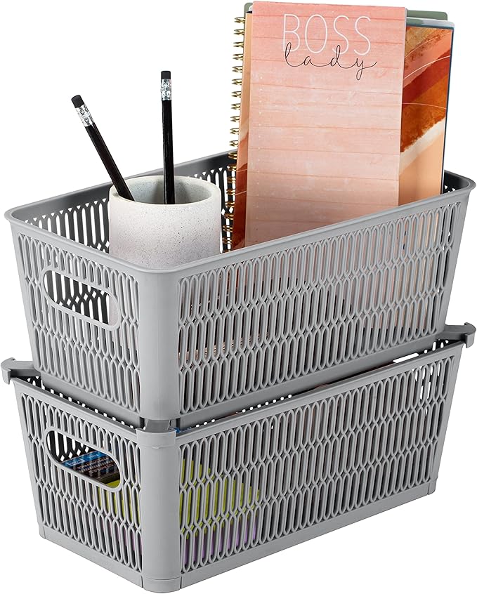 Simplify 4Pk Small Slide 2 Stack It Tote Basket | Storage & Organization | Open Bins with Stackable Capability | Bathroom | Crafts | Pantry | Playroom | Office | Grey