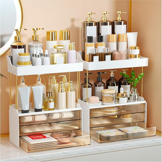 2 Sets 6 Drawers Makeup Organizer – 5 Tier Bathroom Organizers and Storage, Versatile Perfume Vanity Organizer, Ideal for Cosmetic, Large Skincare, Face Mask, Office Supplies, Amber