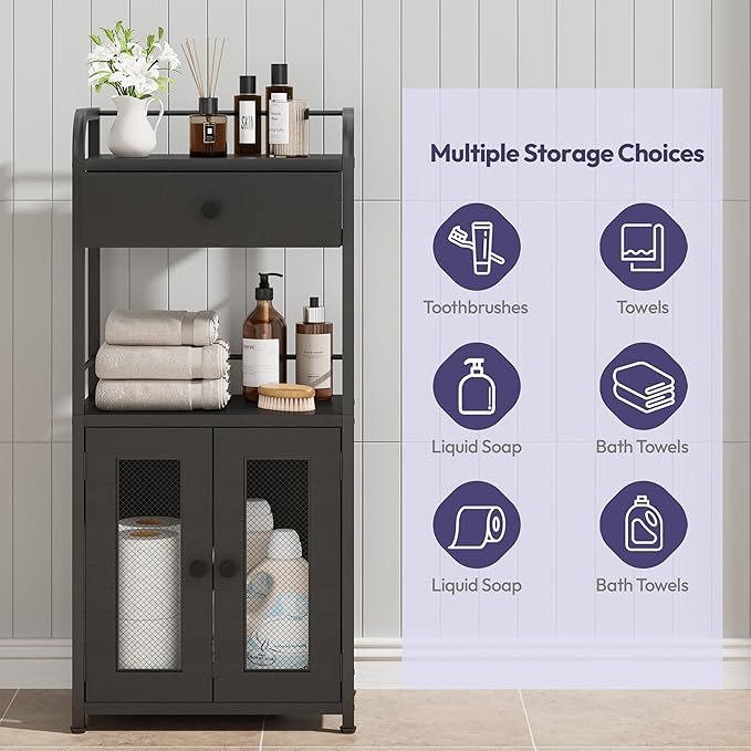 SWTYMIKI 14.57"x32.28" Bathroom Storage Cabinet – Freestanding Toilet Paper Storage with Doors & Drawer, Bathroom Organizers and Storage for Small Spaces, Laundry Room, Ideal for Towels, Black