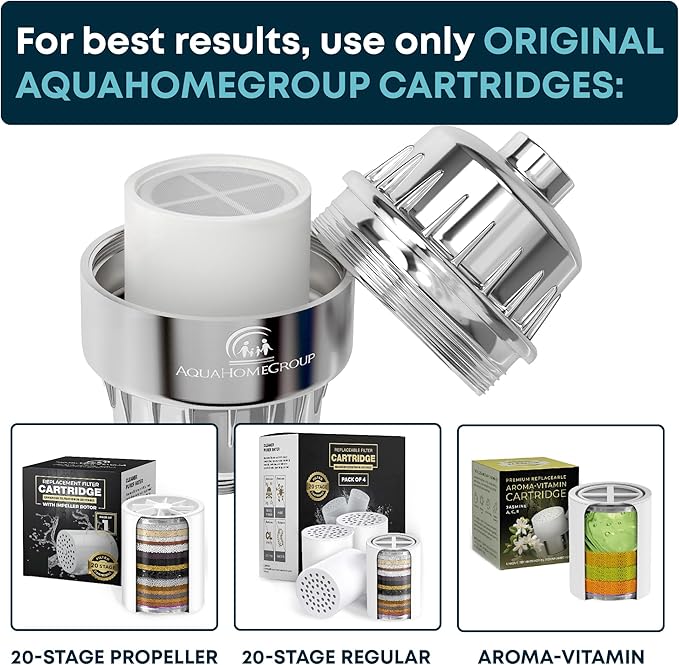 AquaHomeGroup Shower Head Filter – 20-Stage + 5 Replacement Cartridges – Removes Chlorine, Fluoride, and Other Chemicals – Vitamin C, E & A Shower Filter for Glowing Skin & Hair