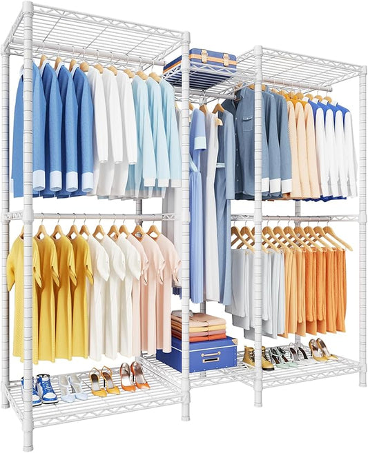 Ulif E12 Clothes Rack，Heavy Duty Freestanding Garment Rack with Shelves，Metal Clothing Closet Storage System for Hanging Clothes，57.1" W x 16" D x 76.5" H, Hold 860 lbs，White