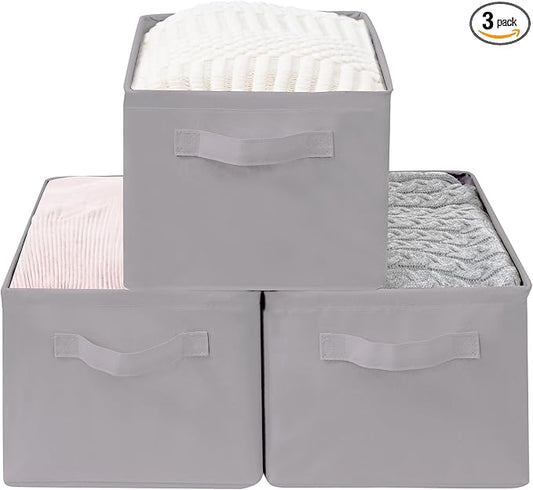 Storage Basket Bins with Metal Frame, Large Collapsible Fabric Storage Baskets for Organizing Shelf, Basket Organizer W/Handles for Towels, Laundry, Office, Home, 3-Pack, Grey