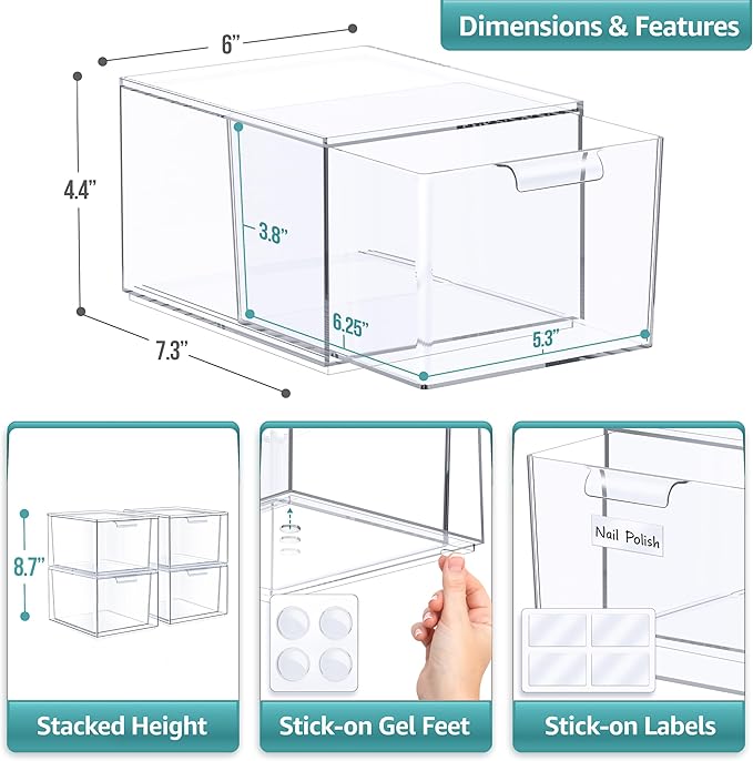 Sorbus Stackable Acrylic Drawers - Clear Make Up Organizers for Vanity - 4 Plastic Storage Bins for Room Decor, Bathroom Organization and Storage, Office Supplies, Makeup Drawer Organizer, Undersink