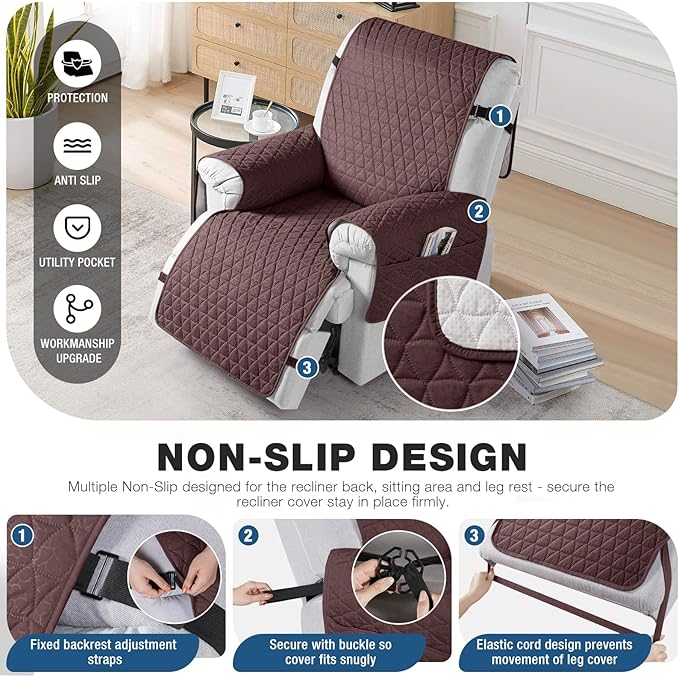 TAOCOCO 100% Waterproof Recliner Cover - Recliner Cover with Non-Slip Granule, Recliner Chair Covers with Elastic Band, Recliner Chair Covers for Reclining Chair(Coffee, Small-22'')