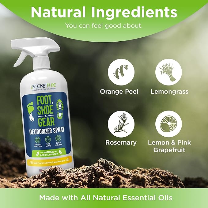 Rocket Pure Natural Foot and Shoe Deodorizer Spray, Deodorant and Odor Eliminator for Smelly Feet, Smell Remover, Formulated with Essential Oils, Made in the USA, Lemon, 32 fl oz