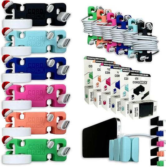 CordBrick Stocking Stuffers for Adults Cord Management Weighted Cord Holder Cable Wrap Phone Stand - Multiuse Gadget Organizer for Nightstand, Desk. Gift for Men, Durable Silicone. 6pk Asst Neutrals