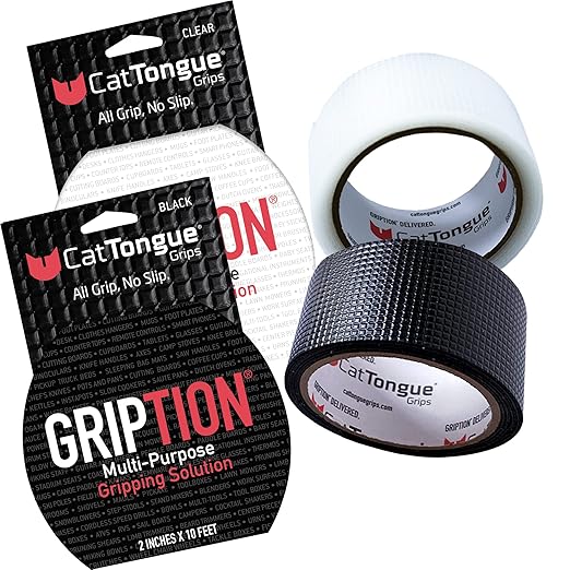 CATTONGUE GRIPS Non-Abrasive Grip Tape Wrap - 2” Thick Heavy-Duty, Waterproof Anti-Slip Tape for Wrapping Tools, Bats, Gym Equipment - Indoor & Outdoor Anti-Slip Solution (Black & Clear, 2-Pack)
