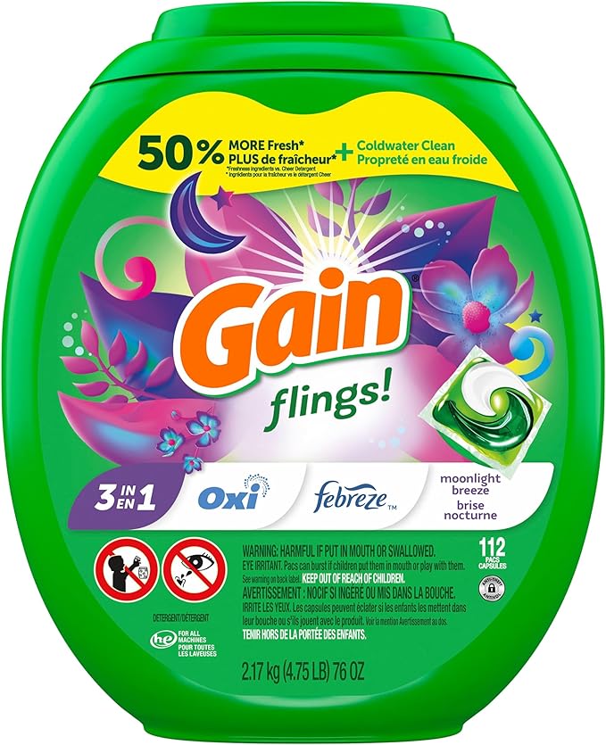 Gain Flings Laundry Detergent Pacs, 112 Count, Moonlight Breeze Scent, 3 in 1 HE Detergent Pacs with Oxi Boost and Febreeze