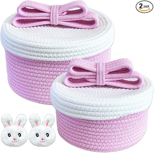 Cute Storage Baskets with Lids, Small Round Woven Rope Basket with Lid, Small Toy Box for Kids, Cat or Dog, Cute Basket for Gift, Toy or Home Decor, Chic Bow Handle (pink)