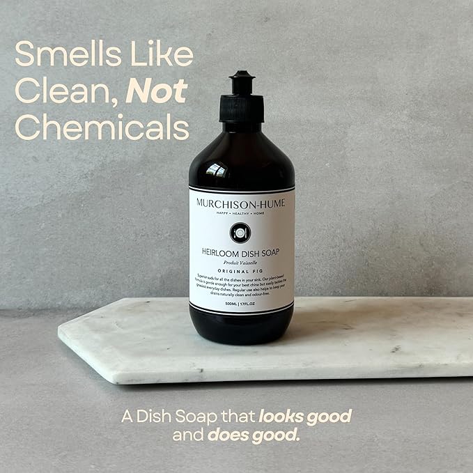 Murchison-Hume Dishwashing Soap, 16 fl oz - Original Fig Mild Dish Soap, Non-Toxic, Cuts Grease, Gentle on Hands, Biodegradable, Sulfate-Free, Sustainable, Counter Worthy Design