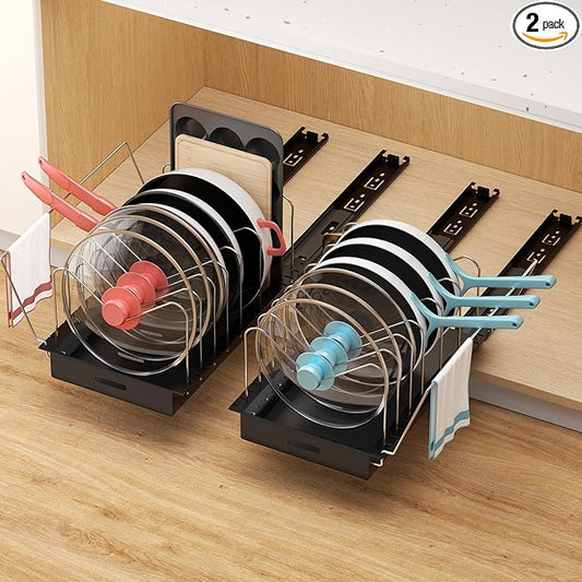 Golener 2 Packs Fixed Pots and Pans Organizer Under Cabinet, No Drill Slide-Out Pan Organizer with Adjustable Dividers & Handle Bracket, Pot Lid Holder, Pan Storage Inside Cabinet for Kitchen