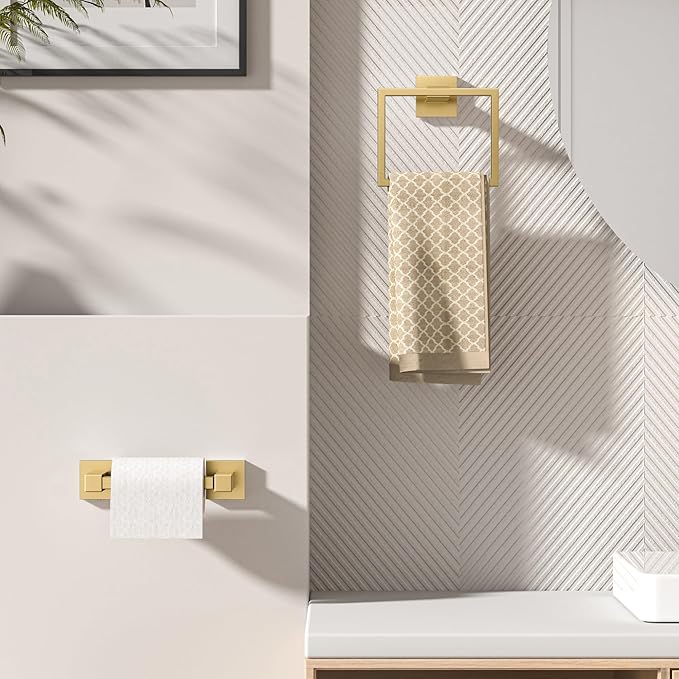 Bathroom Hardware Set — Toilet Paper Holder & Towel Ring, Brushed Gold