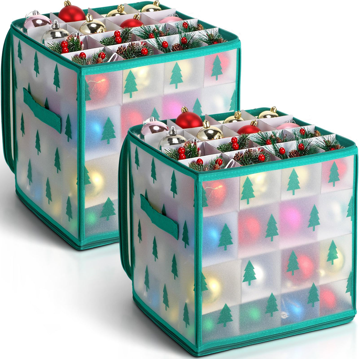 2 Pcs Xmas Ornament Storage Box 64 Compartment, Tree Style - Image 1
