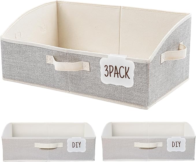 Closet Organizers and Storage Bins with Labels Clip, Large Trapezoid Storage Baskets for Shelves, 28L Foldable Fabric Clothing Organizer for Blankets, Towels and Toys, Honey Beige, 3-Pack