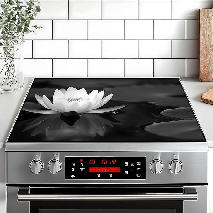 Stove Top Cover Flower Gas Stove Top Cover for Home Decoration Kitchen Pad Non-Stick Washable Cooktop Covers Countertop Protector Keep Stove Clean (White lotus-3, 28L"x20W")