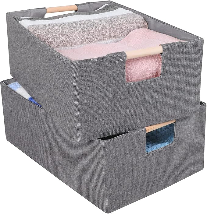 ANMINY 2PCS Storage Baskets for Organizing Collapsible Fabric Storage Bins Boxes with Wood Handles Closet Shelves Cube Organizer Bins Clothes Laundry Storage Container - Small, Gray