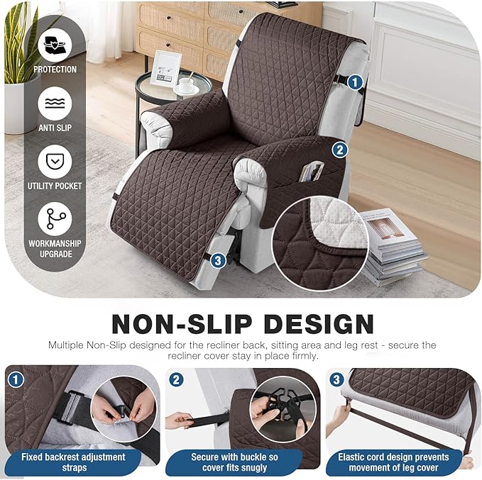 TAOCOCO 100% Waterproof Recliner Cover - Recliner Cover with Non-Slip Granule, Recliner Chair Covers with Elastic Band, Recliner Chair Covers for Reclining Chair(Chocolate, Large-28'')