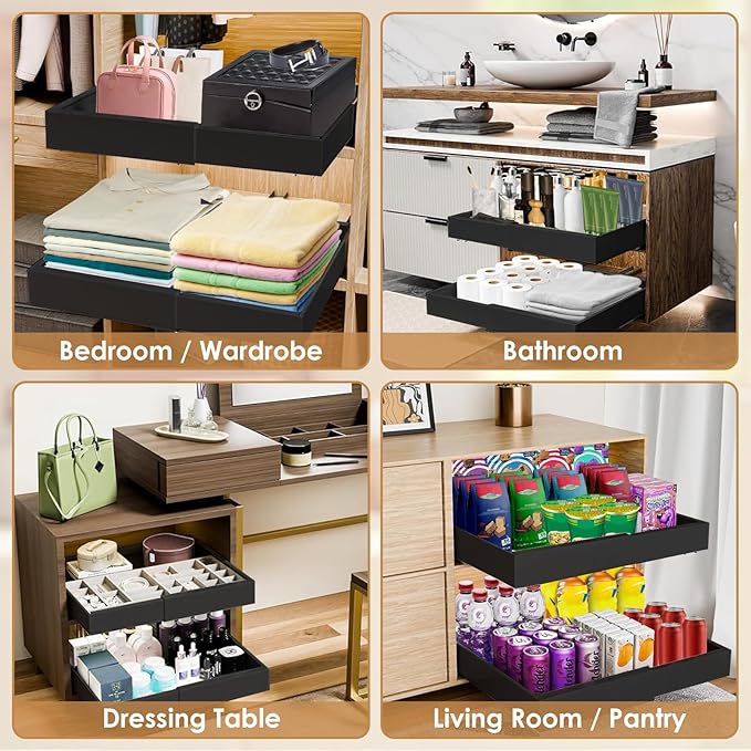 2 Pack Expandable Pull Out Cabinet Organizer, 21" Deep Expandable (12.6" - 20.5") 3 Heavy Duty Slide Drawers Pull Out Drawers for Kitchen Storage Cabinet (Black)