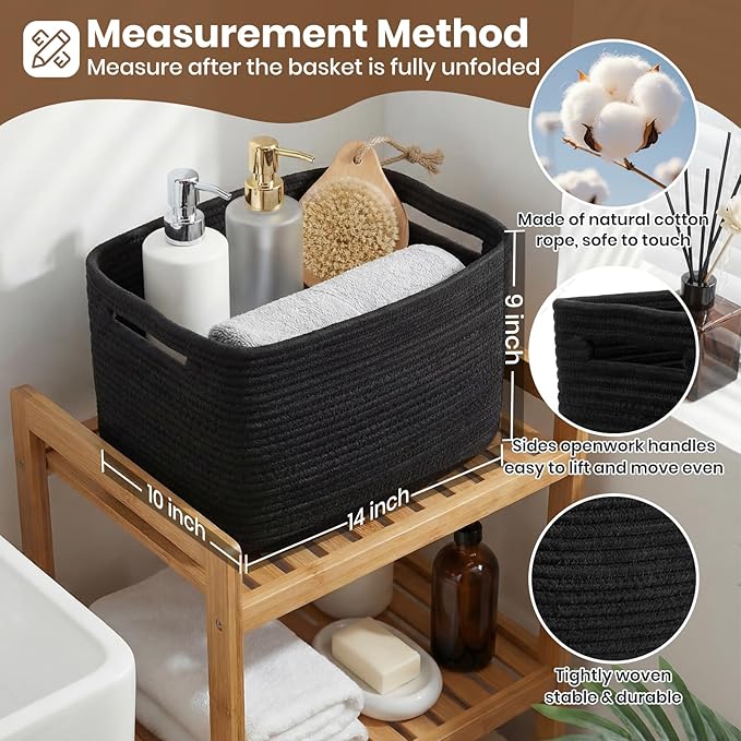 Storage Baskets for Organizing, 14 x 10 x 9” Closet Shelf Woven Baskets, Square Bins with Handles, Cotton Rope Basket for Toys, Clothes, Office, Room, Black 1pack