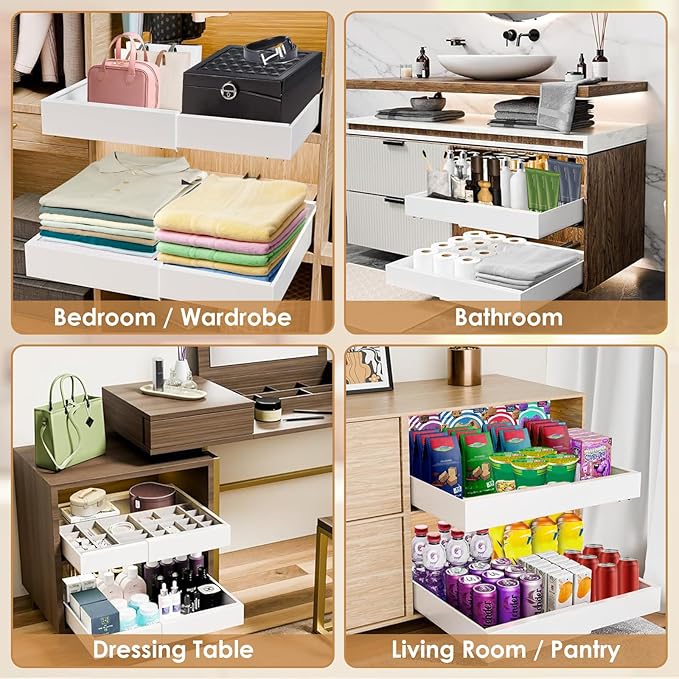 4 Pack Pull Out Cabinet Organizer, 16" Deep Expandable(12.6"-20.5") Heavy Duty Slide Out Drawers, Pull Out Drawers for Cabinets Suitable for Kitchen Storage (White)