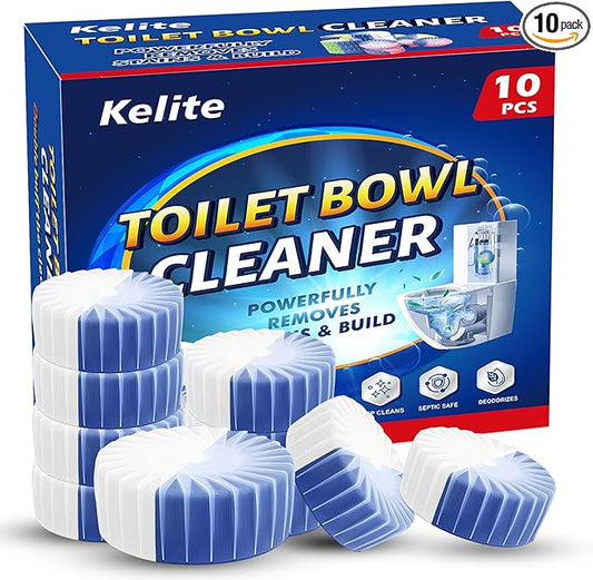 Automatic Toilet Bowl Cleaner Tablets, 10 Pack Long-Lasting Toilet Tank Cleaner for Bathroom, Blue Water Freshener, Prevents Stains & Odor, Safe for All Toilets - 10 Pack (White+Blue)