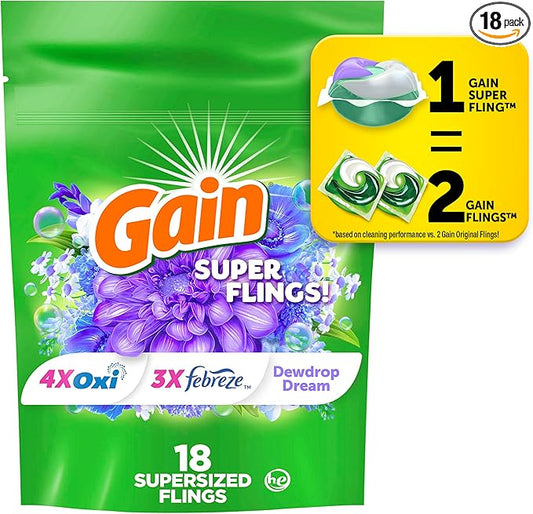 Gain Super Flings Laundry Detergent Pacs, 18 Count, Dewdrop Dream scent, irresistibly clean and fresh washing detergent laundry soap pacs
