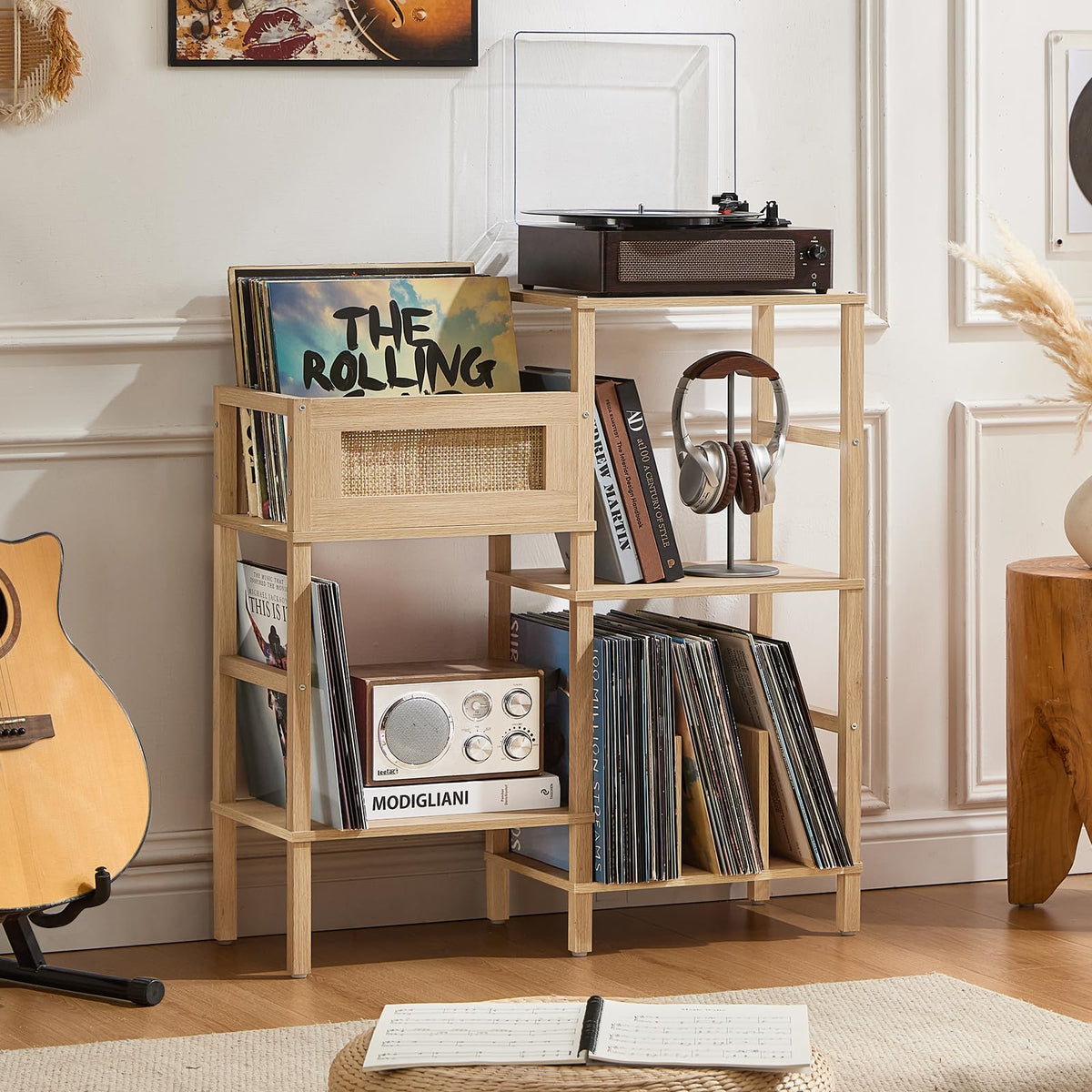 LELELINKY Record Player Stand, Natural Oak Wood Record - Image 1