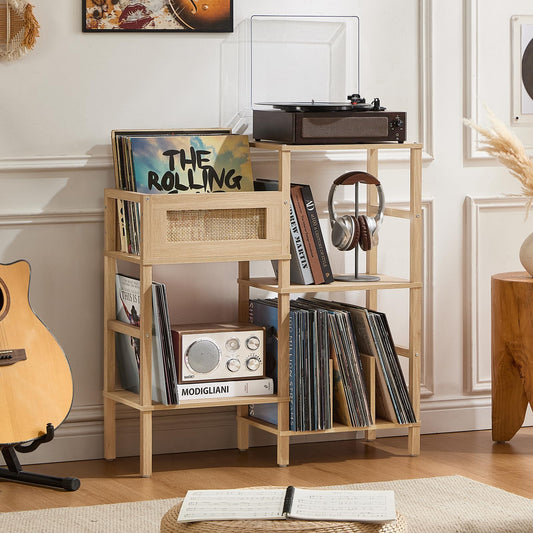 LELELINKY Record Player Stand, Natural Oak Wood Record - Image 1