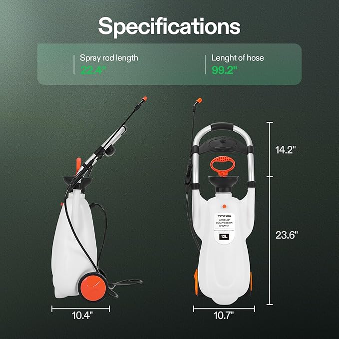 VIVOSUN 3.2 Gallon Lawn and Garden Wheeled Pump Compression Sprayer with Pressure Relief Valve, Labor-Saving Wheel Design