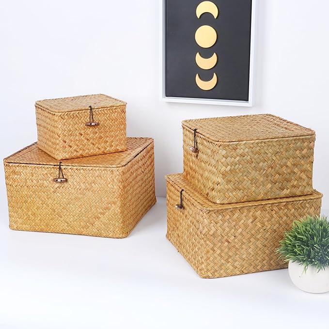 Wicker Shelf Baskets with Lid, Handwoven Seagrass Storage Basket Bins Square Gift Boxes for Shelves Home Decor Organizer (Natural, X-Small)