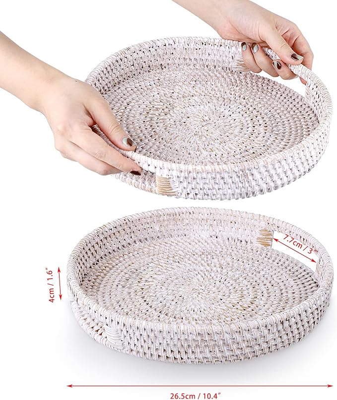 Hipiwe 10.4" Round Rattan Serving Tray with Handles - Handwoven Wicker Basket Storage Tray - Coffee Table Centerpiece - Home Decorative Basket - Whitewash