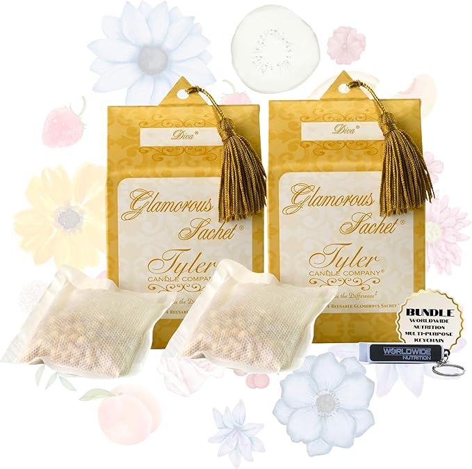 Worldwide Nutrition Bundle: Tyler Candle Company Diva Dryer Sheet Sachets - Glamorous Reusable Dryer Sheets - 2 Packs of 8 Sachets, Dryer, Home, or Personal Sachet and Multi-Purpose Key Chain