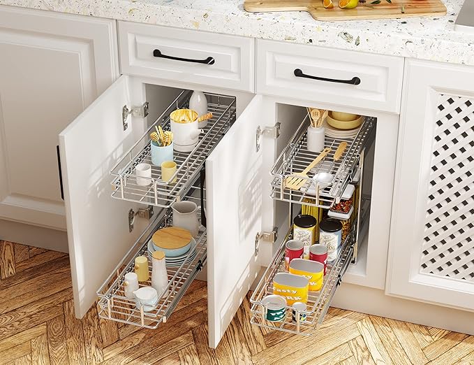 LOVMOR Individual Pull Out Cabinet Organizer, 2 Tier Slide Out Cabinet Drawers, Pots and Pans Organizer and Storage Pantry Shelf for Kitchen (9" W x 21½" D)